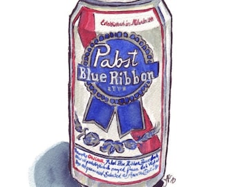 PBR cerveza acuarela pintura - bodegón vida - Pabst azul cinta cerveza acuarela arte impresión, 5x7
