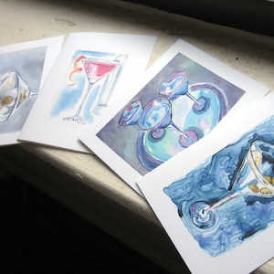 Martini Notecards Set, Cocktail Watercolor Art Note Cards, Set of 4