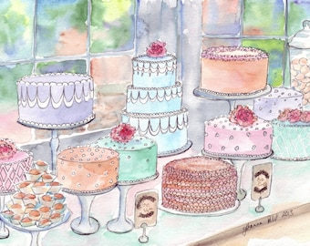 11x14 Print of Cakes Sweets Watercolor Painting - Colorful Food Illustration Still Life Watercolor Painting - 11x14 Print