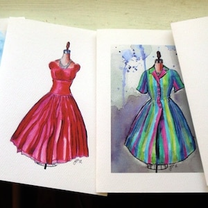 Notitiekaarten van retro Fashion, Vintage jurk aquarel Art Opmerking kaarten Ed. 3, Set van 12