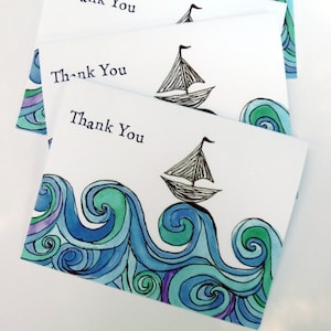 Sailboat on Ocean Waves Thank You Notes - Blue Green Watercolor Art Thank You Cards - Set of 12