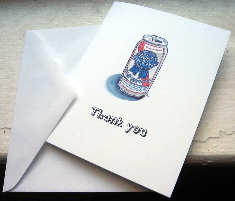 Thank You Notes, PBR Pabst Blue Ribbon Beer Watercolor Art Thank You Cards, Set of 12 image 2