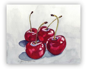 Cherry Watercolor Painting - Four Red Cherries no. 2, Watercolor Art Print, 8x10