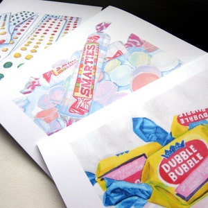Cartes vierges - Cartes de correspondance classiques d'art aquarelle Bonbon (2e édition), lot de 4 - Smarties, sucettes, double bulles et bonbon bouton