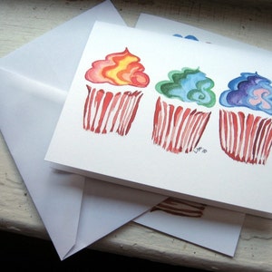 Cupcake Notecards, Rainbow Swirl Cupcake Art Cards, Set of 12