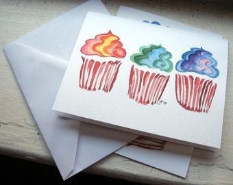 Cupcake Notecards, Rainbow Swirl Cupcake Art Cards, Set of 12