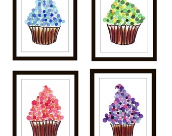 5x7 Prints Cupcakes Watercolor Paintings - Kids Room Illustrations - Children's Wall Art - Set of 4 Cupcake Prints Wall Art, 5x7