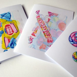 Ensemble classique de cartes bonbon - Cartes de correspondance aquarelle bonbon (2e édition), lot de 12 - Bubble Gum, Smarties, sucettes et bonbon