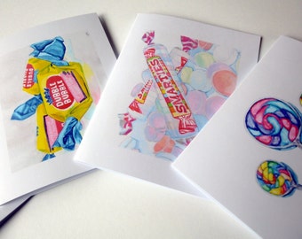 Classic Candy Card Set - Candy Watercolor Art Notecards (Ed. 2), Set of 12 - Bubble Gum, Smarties, Lollipops, and Button Candy