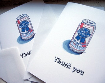 PBR Thank You Cards, Pabst Blue Ribbon Beer Watercolor Art Cards, Set of 4