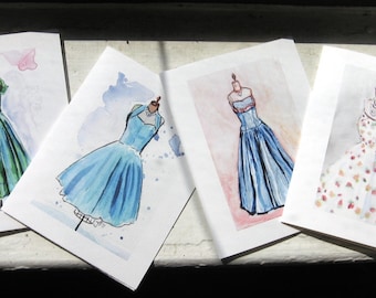 Vintage Dress Notecards - Fashion Cards Watercolor Art - Note Cards Ed. 2, Set of 4