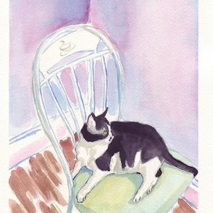 Black and White Cat Watercolor Painting - Cat Art, Kitty on Chair Watercolor Art Print, 8x10