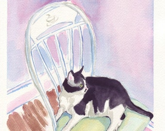 Black and White Cat Watercolor Painting - Cat Art, Kitty on Chair Watercolor Art Print, 8x10