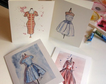 Vintage Dress Cards Ed. 1, Watercolor Art Note Cards, Set of 8