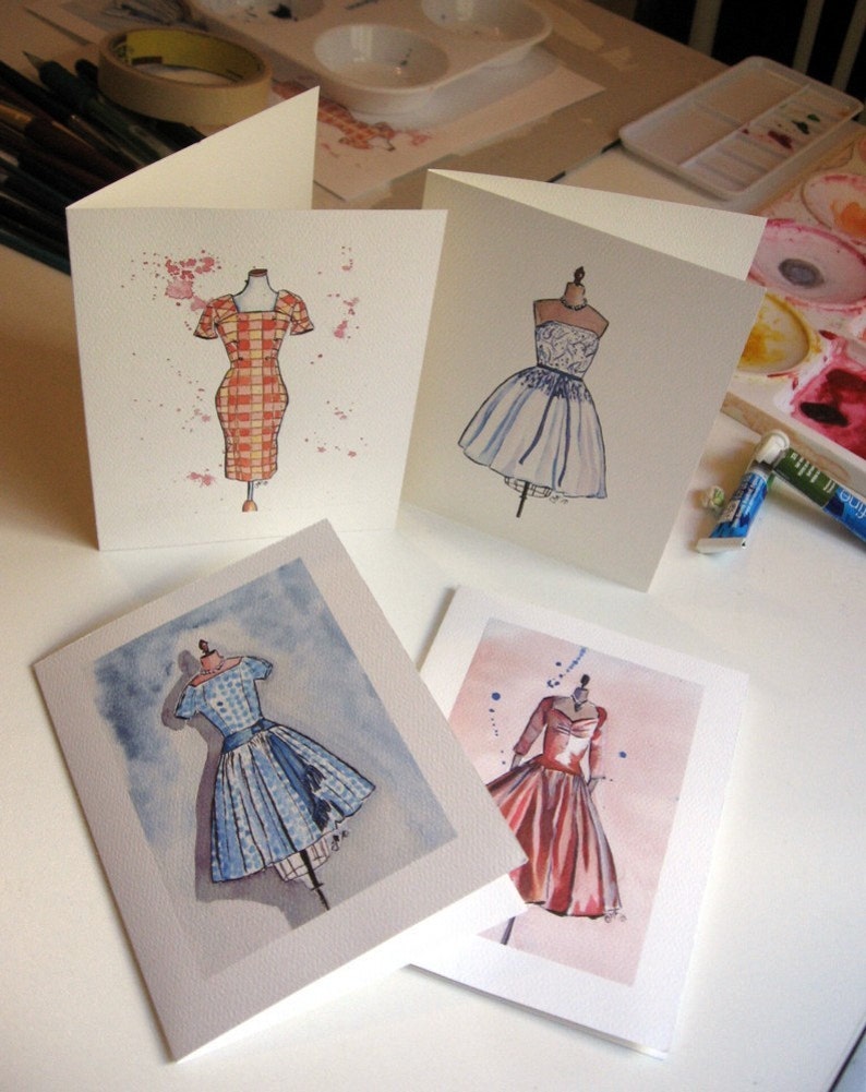 Vintage Dress Cards Ed. 1, Watercolor Art Note Cards, Set of 8 image 1