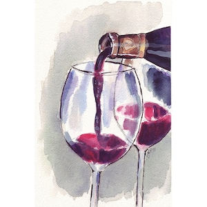 Red Wine Glass Pour, Watercolor Art Print, 5x7 Print