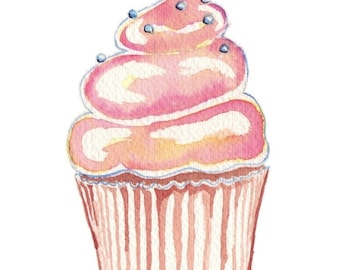 Cupcake Art Acuarela Pintura - Niños arte- Lindo pastelito rosa impresión de arte, 8x10 arte de pared