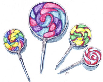 8x10 Print of Watercolor Painting - Still Life - Swirl Lollipops Art - Watercolor Art Print, 8x10 Wall Art, Candy Series no. 5