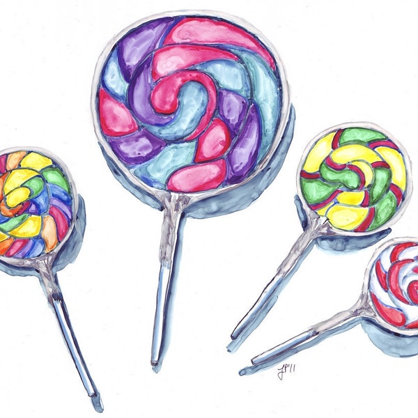 8x10 Print of Watercolor Painting - Still Life - Swirl Lollipops Art - Watercolor Art Print, 8x10 Wall Art, Candy Series no. 5