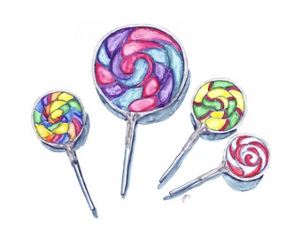 Watercolor Painting - Swirl Lollipops Watercolor Art Print, 5x7