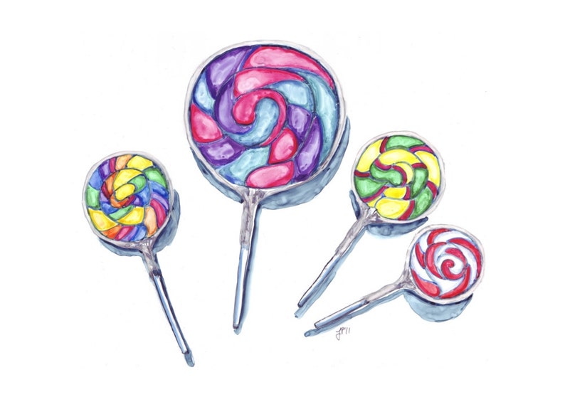 Watercolor Painting Swirl Lollipops Watercolor Art Print, 5x7 image 1