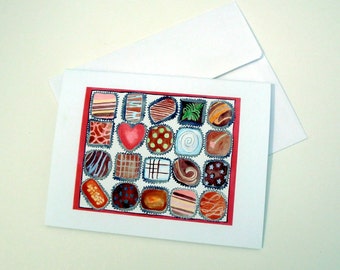 Nota Card Set - tarjetas de Chocolate, caja de Chocolates acuarela arte Notecards, juego de 4