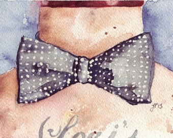 Bowtie Watercolor Painting Print - Bow Tie Art - Vintage Mens Bow Tie on Mannequin - Fashion Black and White Polka Dots - 8x10 Print