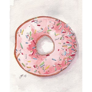 Pink Donut Watercolor Painting Print, Doughnut with Pink Frosting and Sprinkles from Above, 5x7 Print image 2