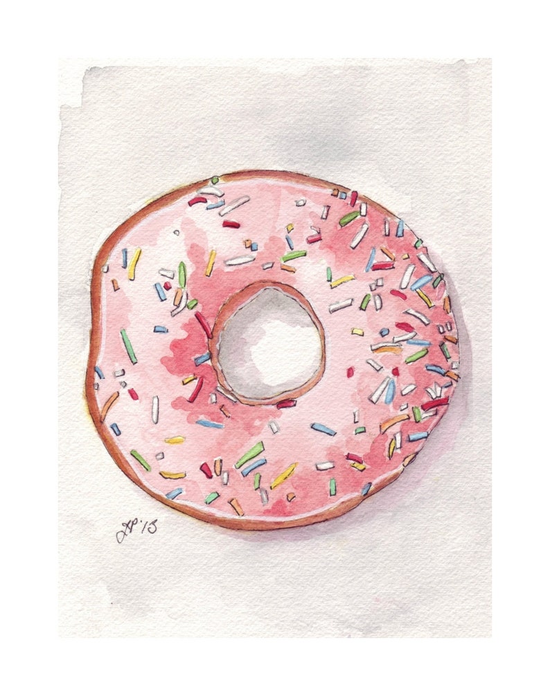 Pink Donut Watercolor Painting Print, Doughnut with Pink Frosting and Sprinkles from Above, 5x7 Print image 2