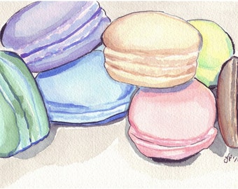 Macarons Painting no. 4 Watercolor Painting - Pile of Macarons Watercolor Art Print, 8x10