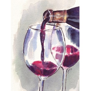 Art du vin Verre de vin rouge Pour, Aquarelle Art Print, 8x10 Édition limitée Imprimer image 2