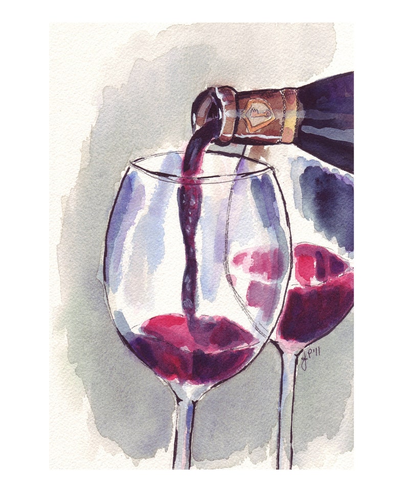 Art du vin Verre de vin rouge Pour, Aquarelle Art Print, 8x10 Édition limitée Imprimer image 2