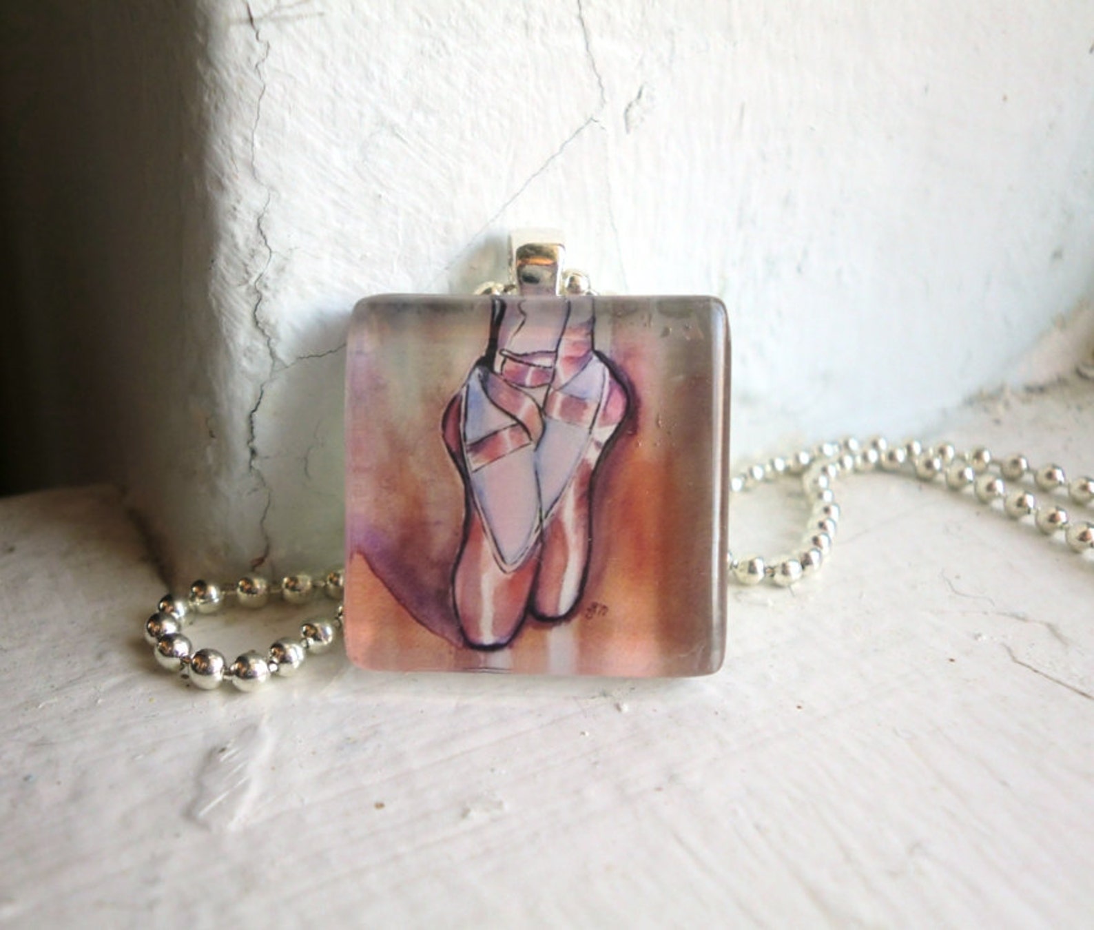 dance jewelry - pendant necklace - pink ballet shoes ballerina necklace, glass tile pendant necklace, wearable watercolor art dance jewelry - pendant necklace - pink ballet shoes ballerina necklace, glass tile pendant necklace, wearable watercolor art