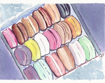 Macarons Art no. 3 Watercolor Painting - Square Box of Macarons Watercolor Art Print, 8x10