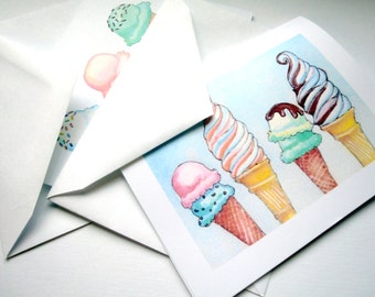 Ice Cream Greeting Cards - Ice Cream Cones Watercolor Art Blank Notecards - Food Illustration Cards - Set of 4 Cards