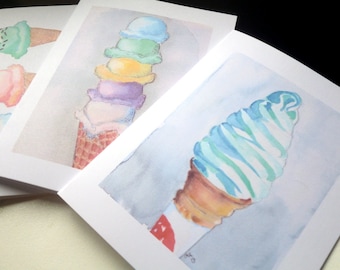 Ice Cream Cards - Ice Cream Cones Watercolor Art Blank Notecards - Food Illustration Cards - Set of 8 Cards