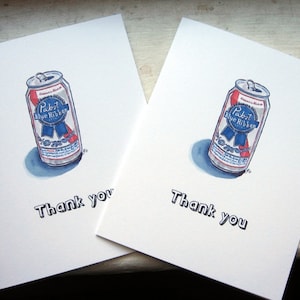 Thank You Notes, PBR Pabst Blue Ribbon Beer Watercolor Art Thank You Cards, Set of 12 image 1