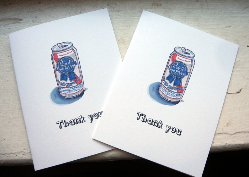 Thank You Notes, PBR Pabst Blue Ribbon Beer Watercolor Art Thank You Cards, Set of 12 image 1