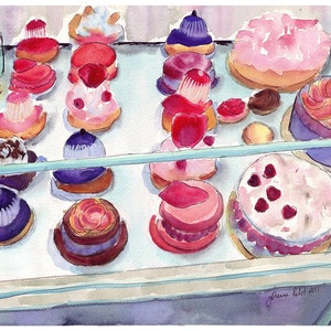 Laduree Watercolor Painting French Pastry Case Art, Watercolor Art Print, 8x10 Wall Art image 1