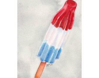 Classic Summer Popsicle Art - Still Life Watercolor Painting Print - Red, White, and Blue Dessert Illustration - 8x10 Print