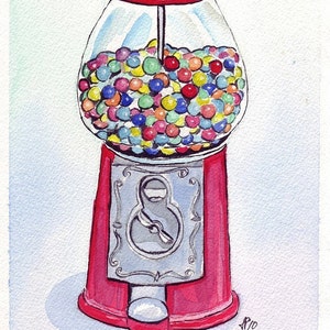 Gumball Machine Art, Candy Watercolor Art Print, 8x10
