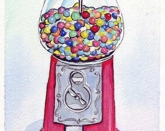 Gumball Machine Art, Candy Watercolor Art Print, 8x10