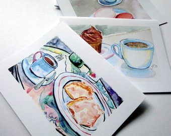 Stationery Coffee Greeting Card Set - Coffee Cafe Watercolor Art Notecards, Set of 12