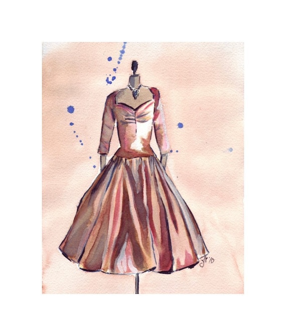 Watercolor Painting - Bronze Vintage Dress Watercolor Art Print, 8x10 - Etsy