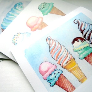 Cartes de voeux crème glacée - Cornets de crème glacée Cartes de correspondance vierges pour aquarelle - Cartes d'illustration culinaire - Lot de 12 cartes