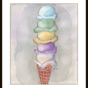 Ice Cream Watercolor Painting Five Scoops Cone Watercolor Art Print, 8x10 Print image 3