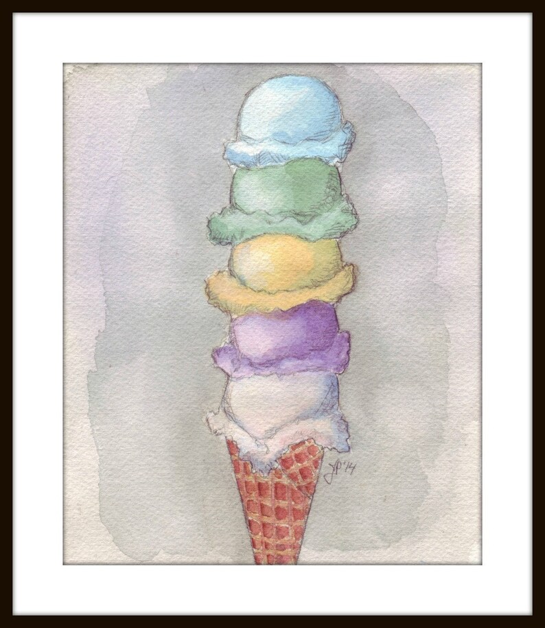 Ice Cream Watercolor Painting Five Scoops Cone Watercolor Art Print, 8x10 Print image 3