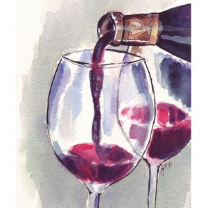 Wine Art - Red Wine Glass Pour, Watercolor Art Print, 8x10 Limited Edition Print