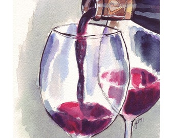 Wine Art - Red Wine Glass Pour, Watercolor Art Print, 8x10 Limited Edition Print