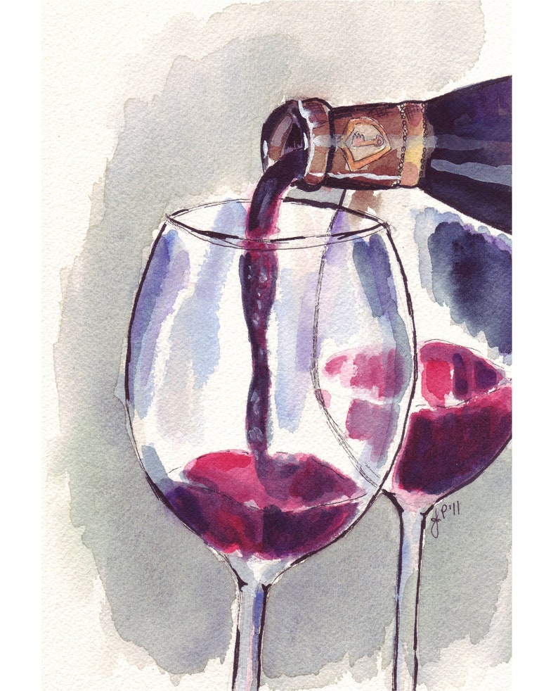 Art du vin Verre de vin rouge Pour, Aquarelle Art Print, 8x10 Édition limitée Imprimer image 1